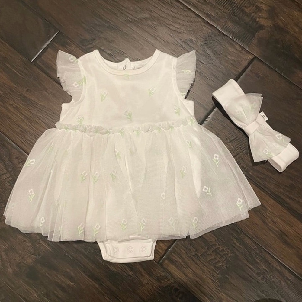 Little me White Baby Dress with Headband bow